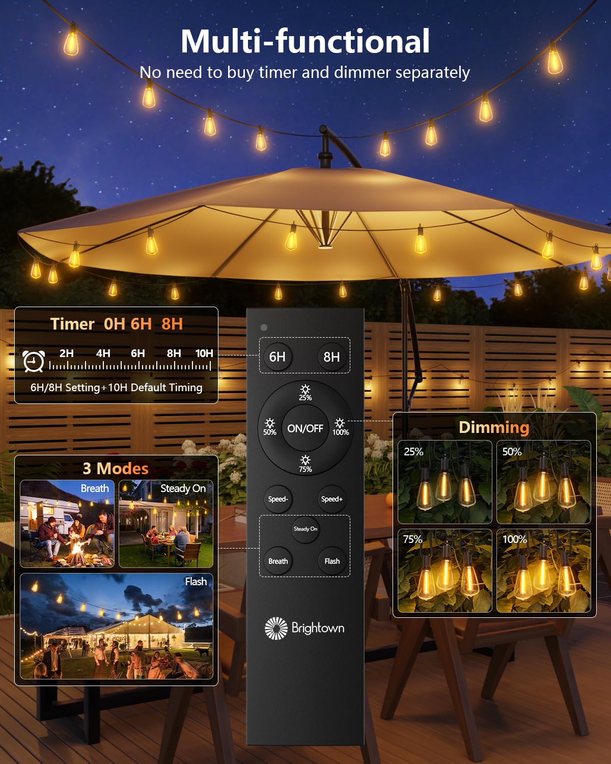 Brightown 52FT Solar String Lights Outdoor Waterproof, Last 30+ Hrs Runtime