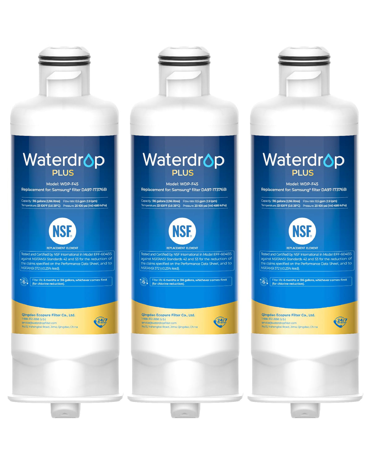 Waterdrop WD-F45 Water Filter, Replacement for Samsung® DA97-17376B, 3 Pack