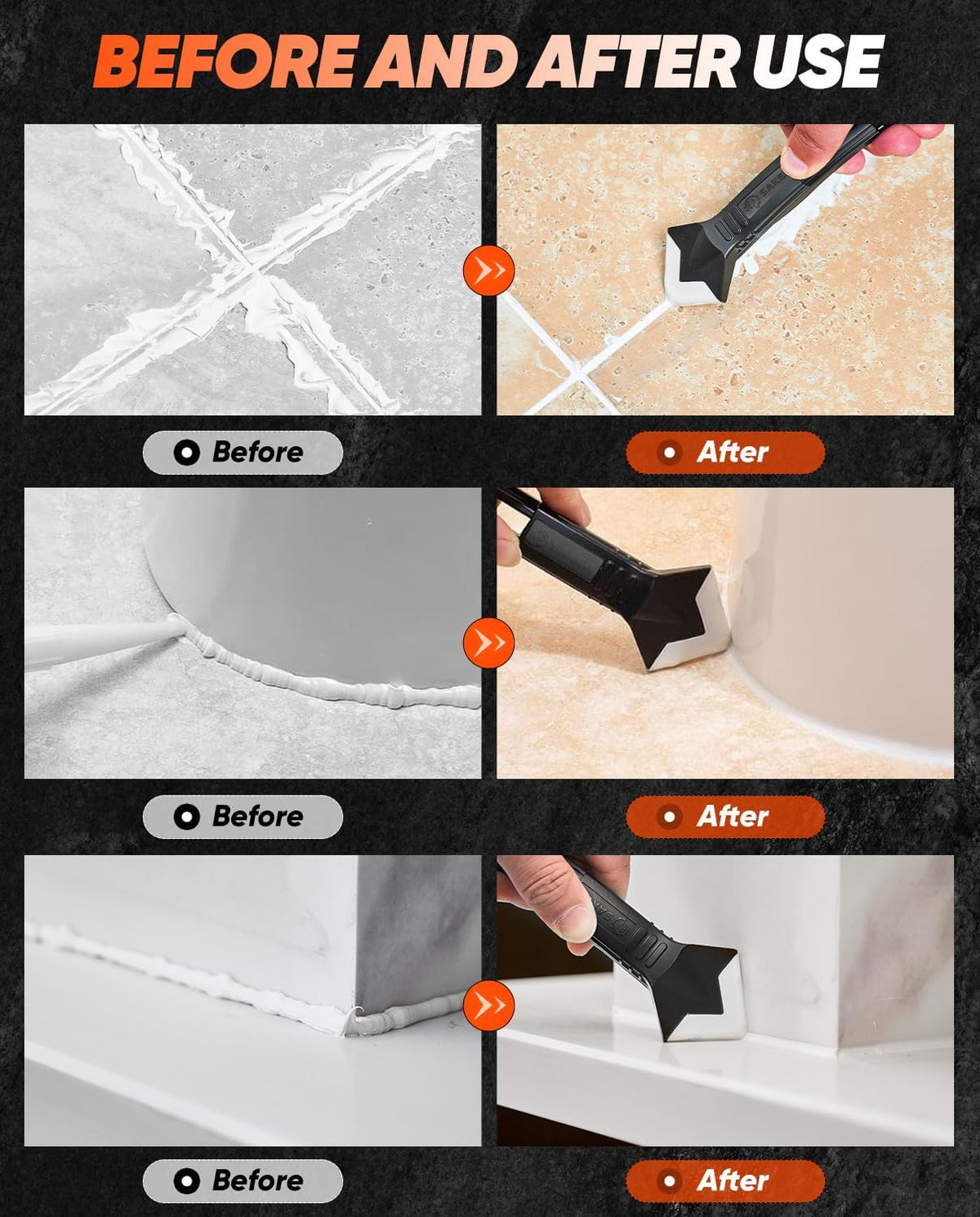 Saker Silicone Caulking Tool 3-in-1 Grout Removal Tool Classic Black