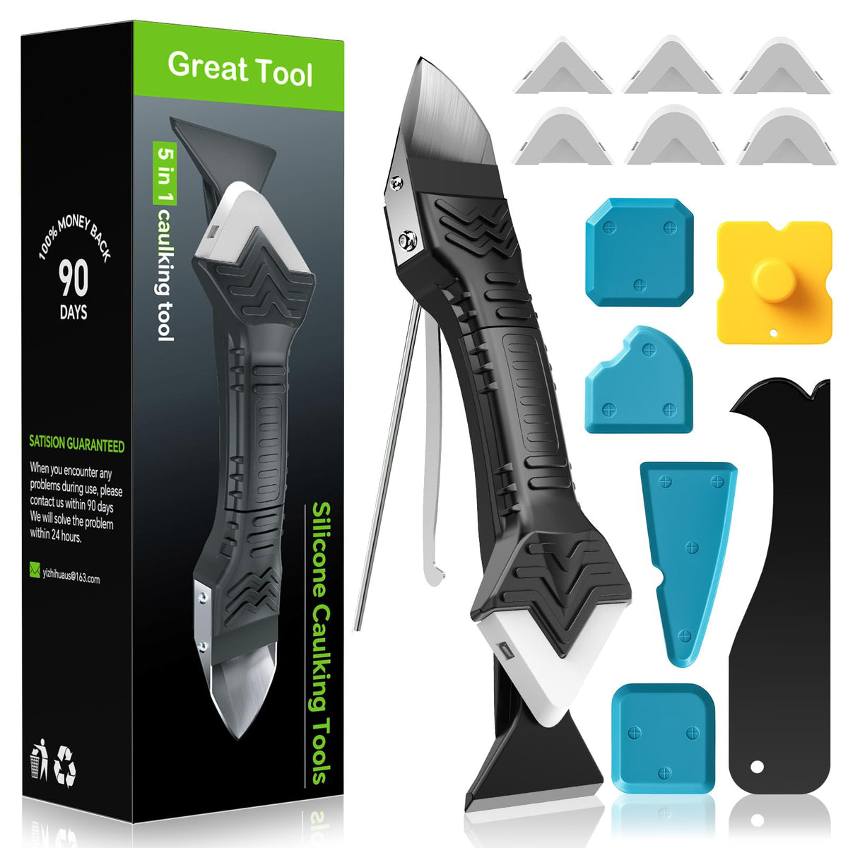 Goopreen 5 in 1 Caulking Tool Silicone Caulking Grout Removal Sealant Finishing Tool with Stainless Steel Head, 6 Replaceable Pads, Gap Seam Repair Kit for Kitchen Bathroom Sink Toilet Caulking