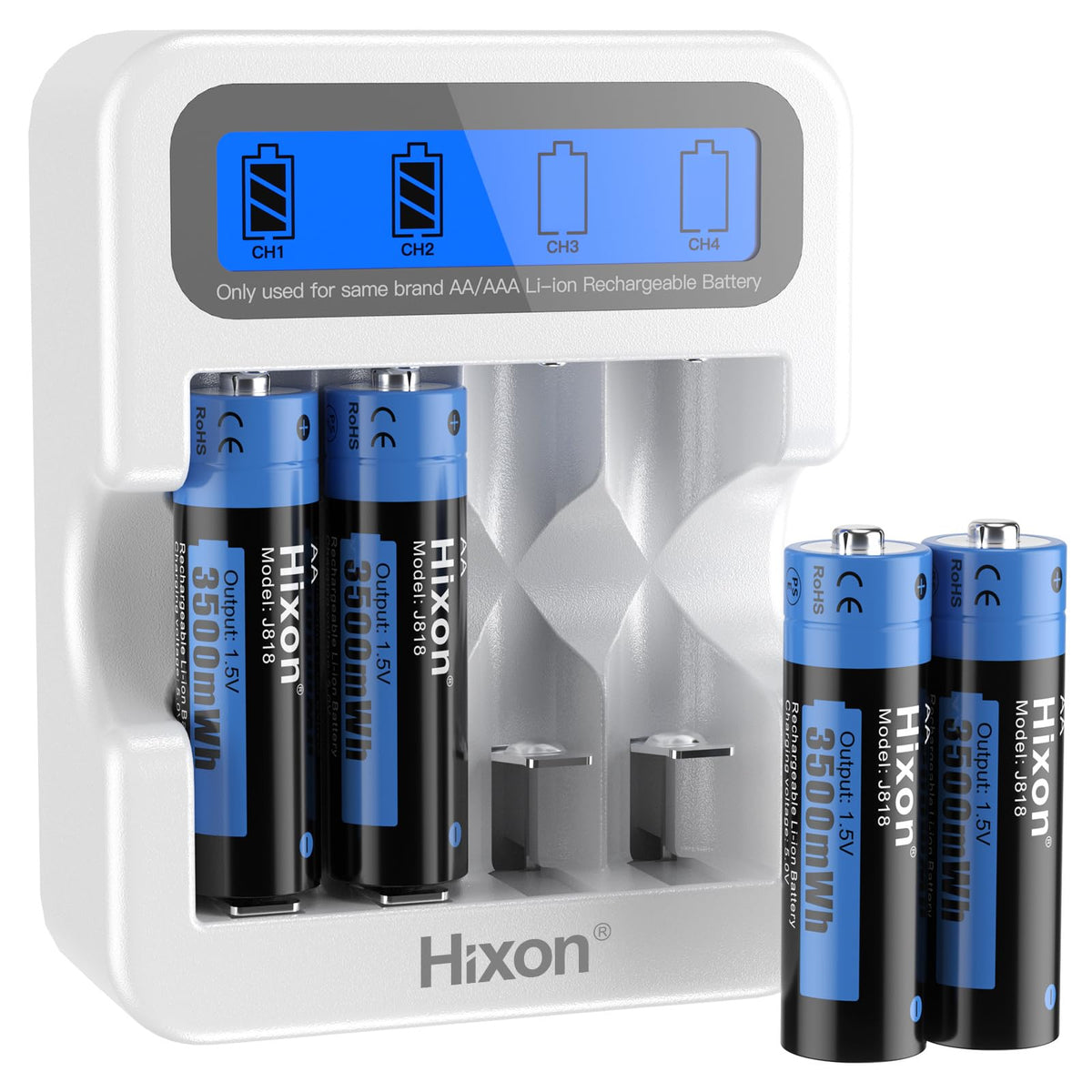Hixon AA Rechargeable 1.5V Lithium Battery 4 Pack with LCD Charger, 3A High Current Output,3500mWh High Capacity, Constant Output,1600 Cycles,Long Lasting