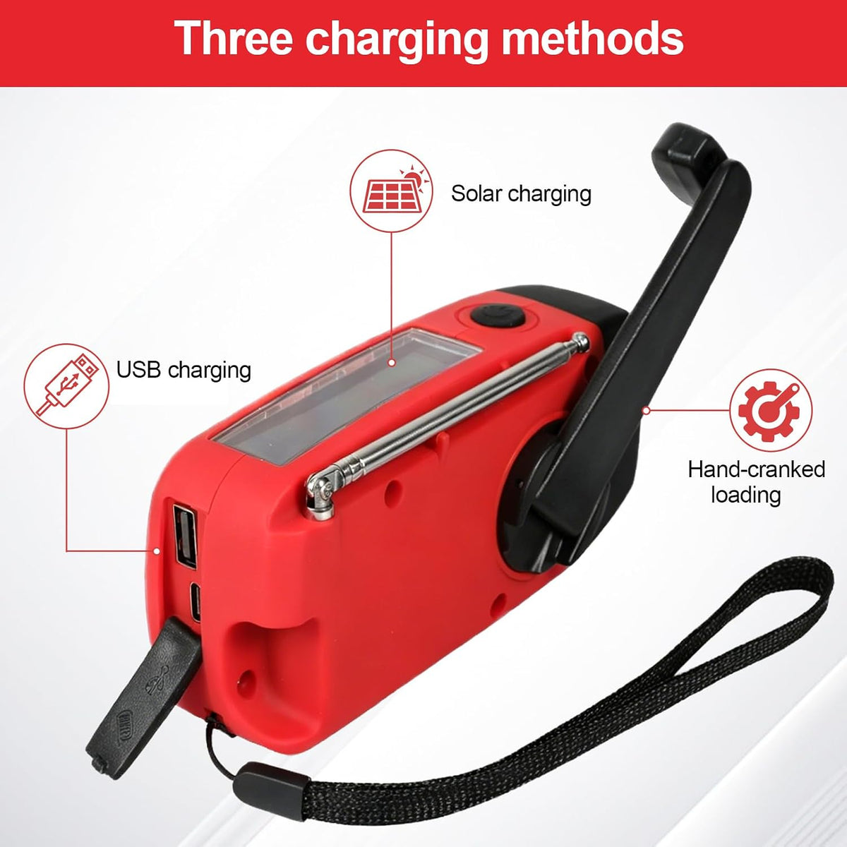 2000mAh Wind Up Solar Hand Crank Emergency Radio | AM/FM Weather Band Radio with LED Torch, SOS Alert & USB Phone Charger for Outdoor Camping Hiking (Red)