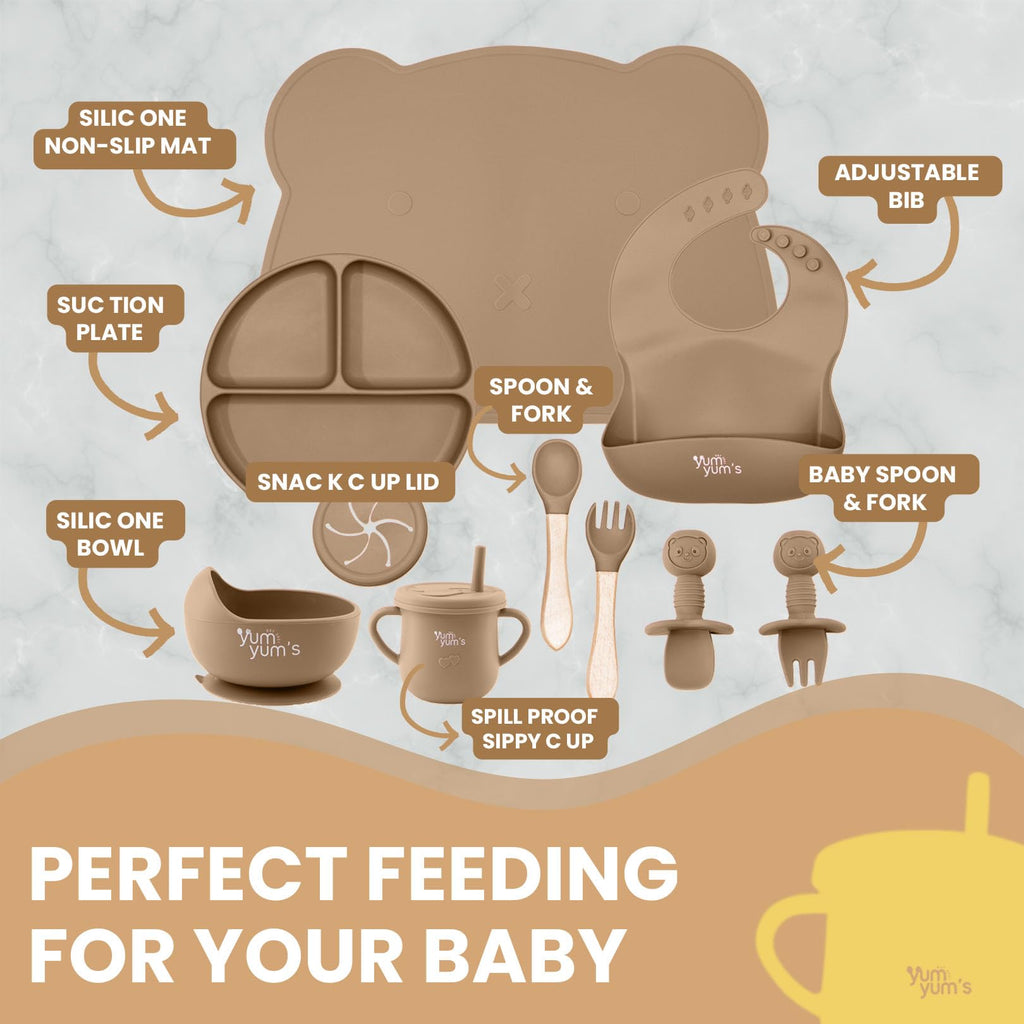 Yum Yum's Baby 10 Pcs Blue Weaning Set - Complete Toddler Feeding Kit w/Sectioned Plate, Suction Bowls, Cutlery with Mouth Guard, Straw Cup, Bib & Mat - Non-Slip - for Toddlers & Baby Gift