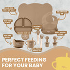 Yum Yum's Baby 10 Pcs Blue Weaning Set - Complete Toddler Feeding Kit w/Sectioned Plate, Suction Bowls, Cutlery with Mouth Guard, Straw Cup, Bib & Mat - Non-Slip - for Toddlers & Baby Gift