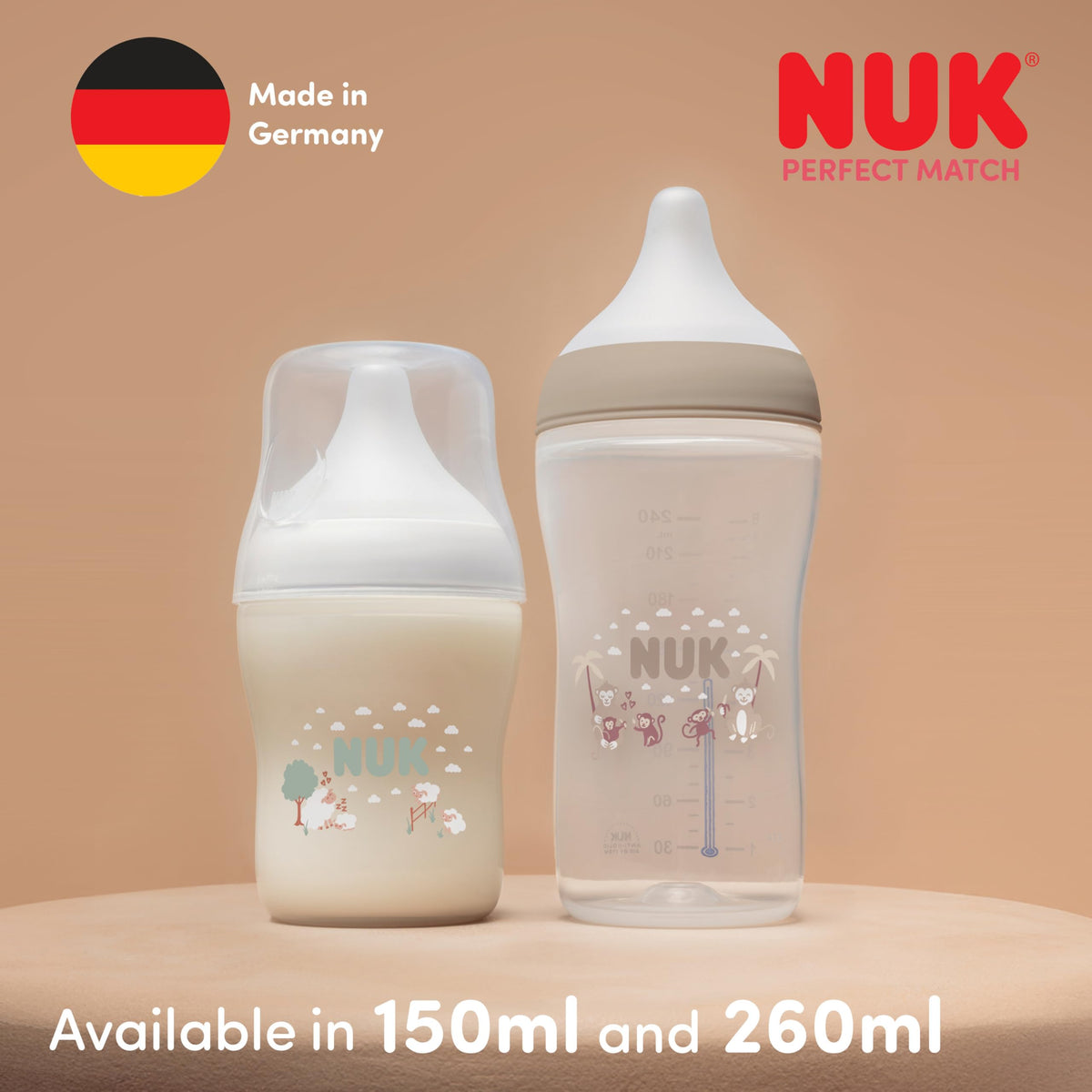 NUK Perfect Match Baby Bottle | 3+ Months | 260ml | Anti Colic Feeding Bottle | PP | Temperature Control Indicator | Hippo | 3 Count