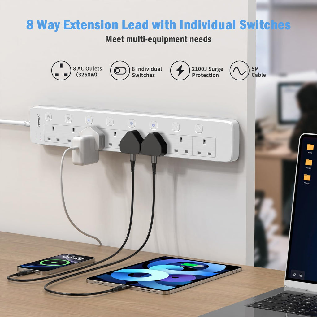 TOPREK 8 Way Extension Lead with Individual Switches, 2M Heavy Duty Socket