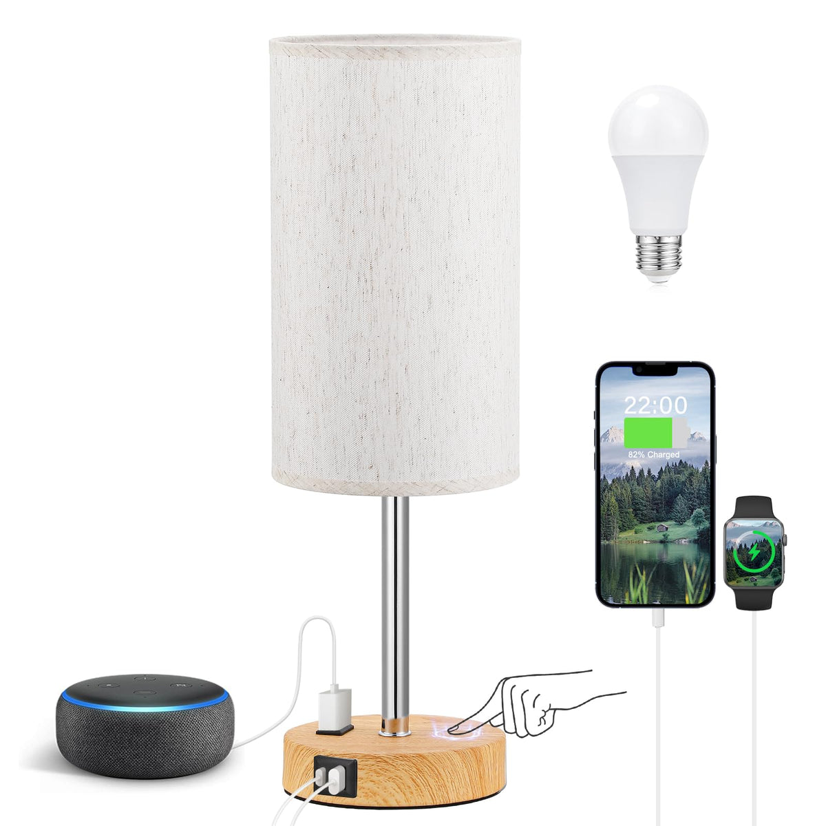 Fenmzee Bedside Table Lamp Set of 2 - Dimmable Touch, USB A+C, AC Outlet