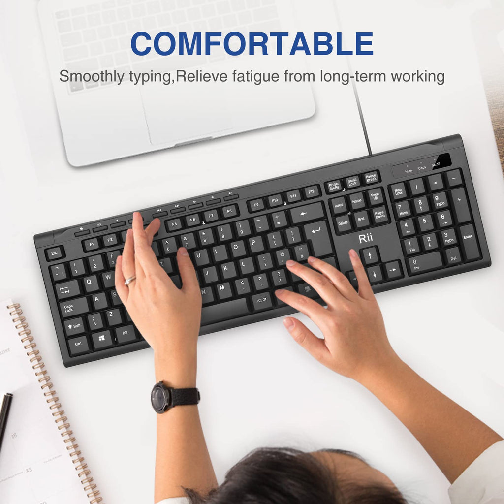 Rii RK907 USB Wired Keyboard Full Size Office Keyboard Compatible with Mac PC Tablet Windows Android Microsoft UK Layout