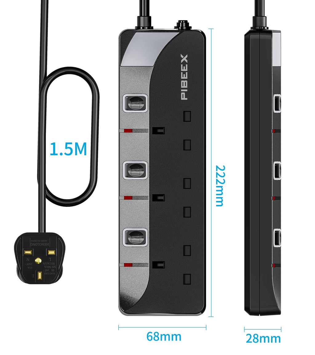 PIBEEX Extension Lead 2 Way Plug Sockets with Individual Switches Wall Mountable Power Strip 3M Extension Cable 13A Fused UK Plug 3250W