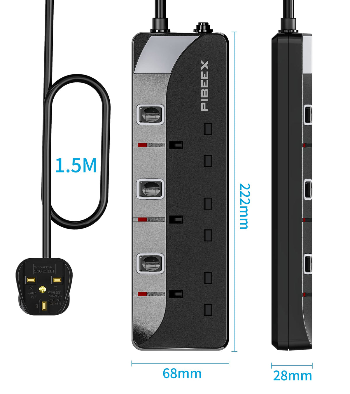 PIBEEX Extension Lead 2 Way Plug Sockets with Individual Switches Wall Mountable Power Strip 3M Extension Cable 13A Fused UK Plug 3250W