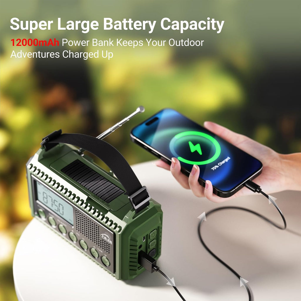 Mesqool Portable Wind Up Hand Crank and Solar Powered Radio with USB Phone Charger, Emergency Radio with SOS Alarm and Flashlight, AM/FM/SW Radio with 12000mAh Rechargeable Battery for Outdoor