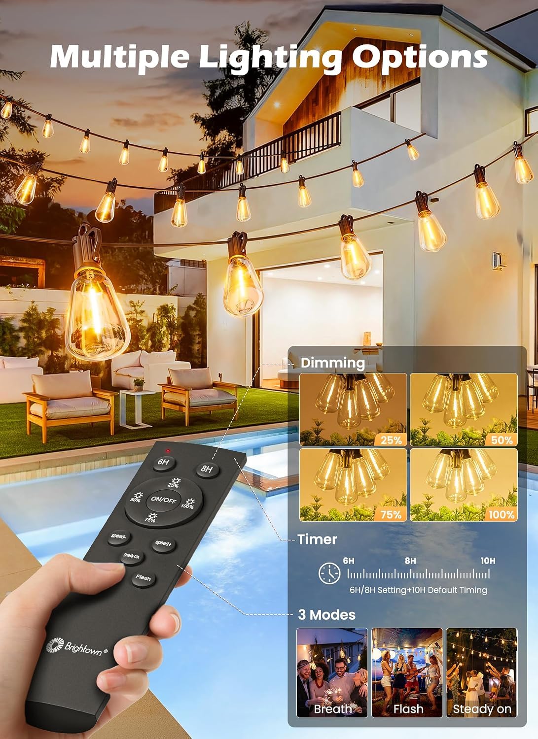 Brightown 52FT Solar String Lights Outdoor Waterproof, Last 30+ Hrs Runtime