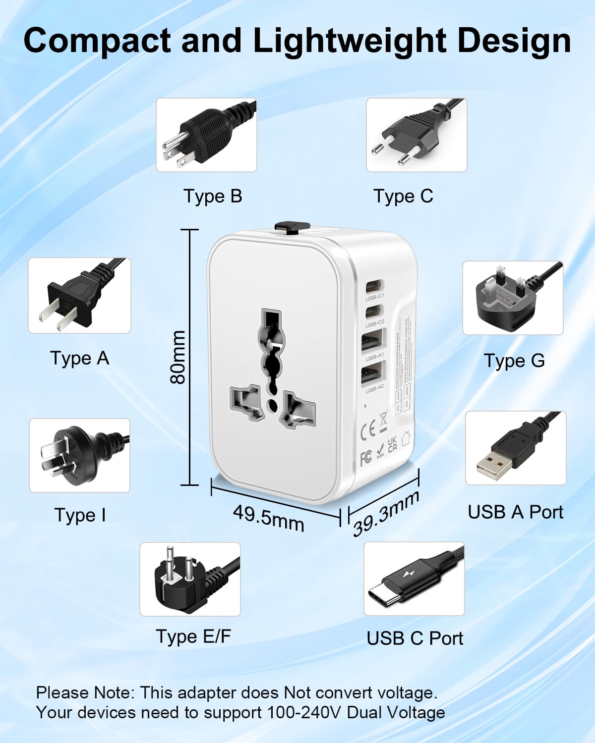 Universal Travel Adapter Worldwide with 2 USB C and 2 USB A Ports, International Travel Plug Adapter Worldwide USB Travel Adaptor All in One Universal Charger Power Adapter for European EU US UK AUS