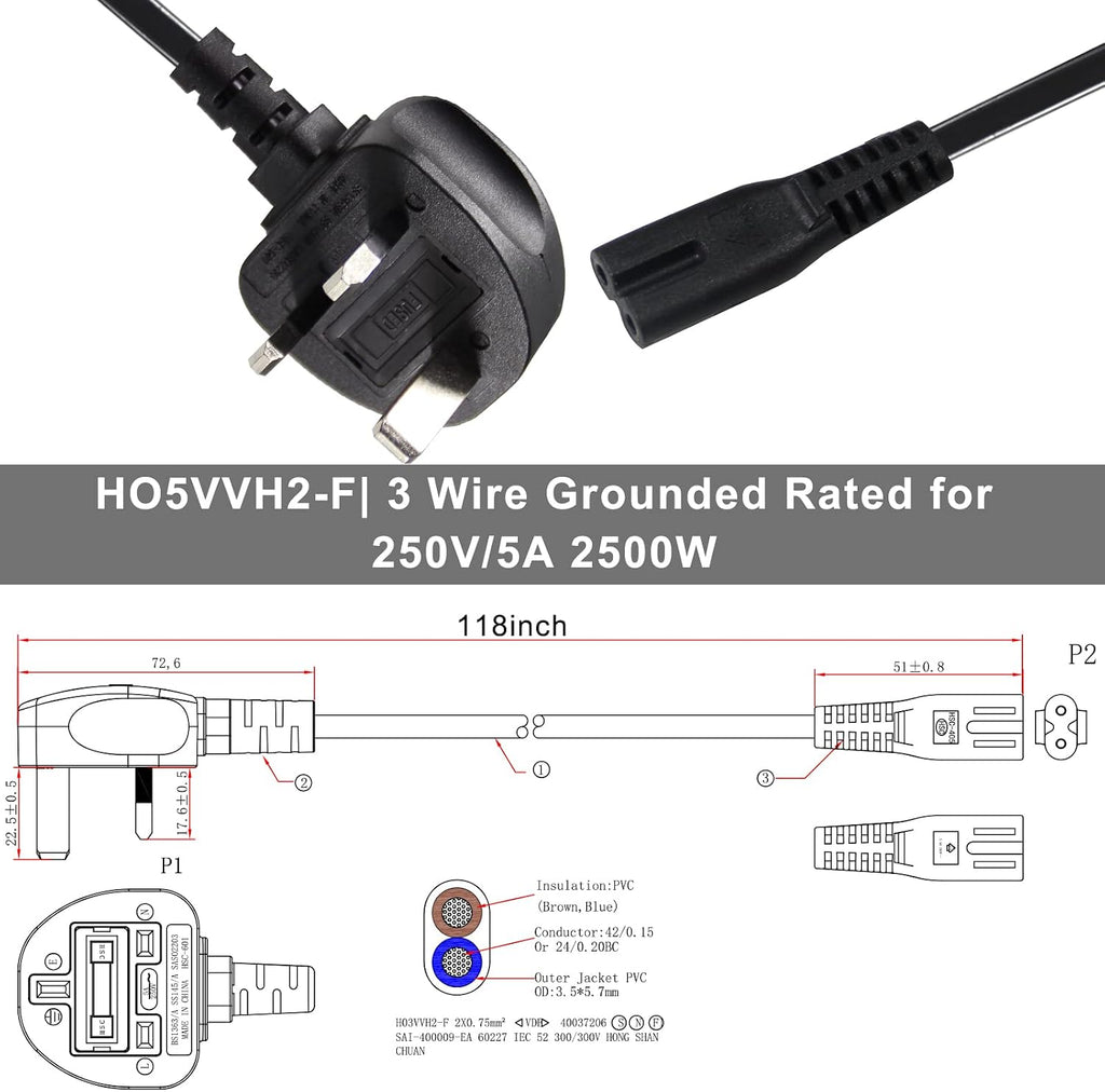 TV power cable 3M, 2 Pin Mains Power Lead Fig Figure 8 UK Power Cable, IEC320C7 to BS 1363 C7 Figure 8 Power Lead compatible with Samsung LG Philips Toshiba TV/Printer/PS4/PS3/PS5…