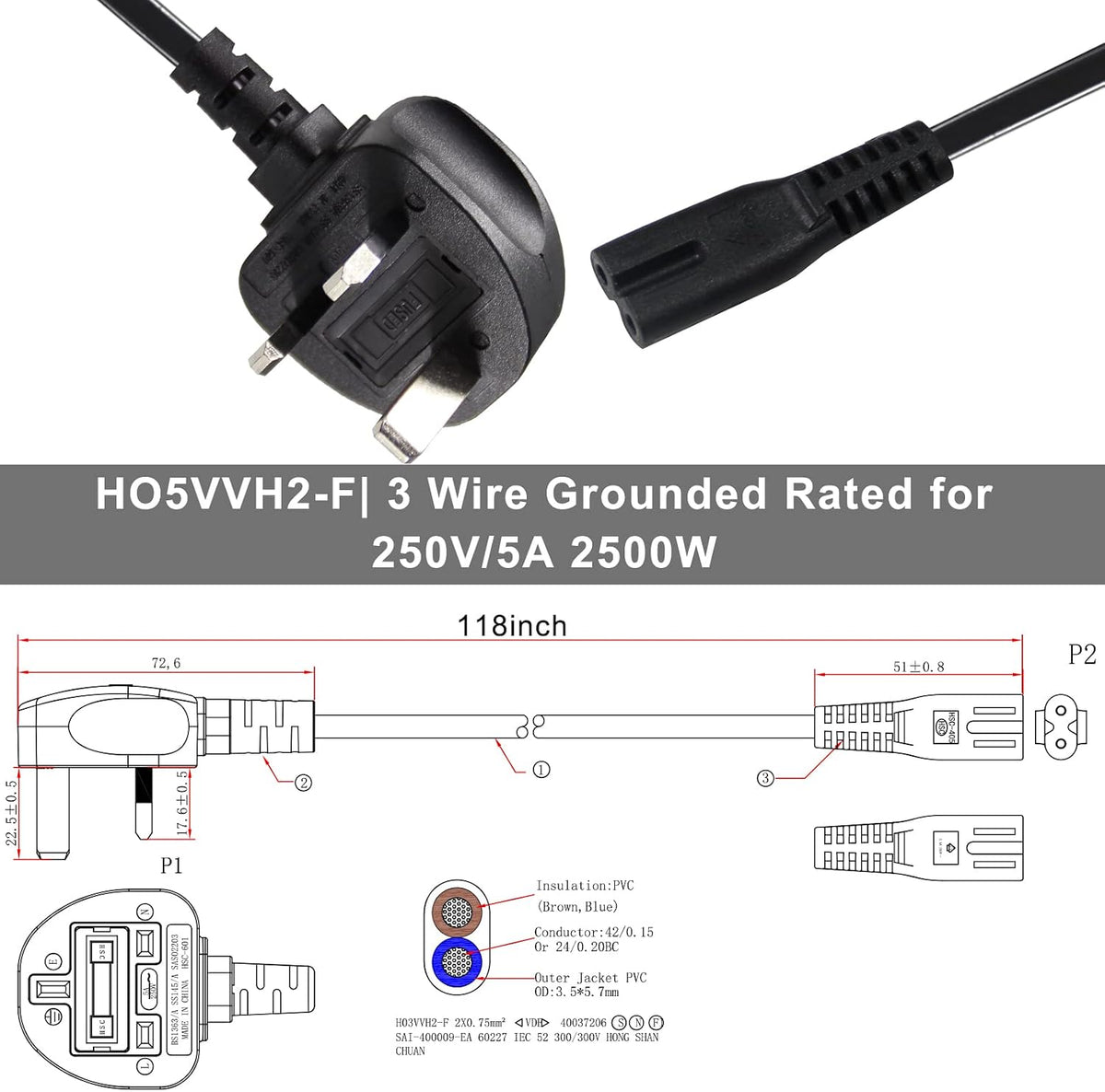 TV power cable 3M, 2 Pin Mains Power Lead Fig Figure 8 UK Power Cable, IEC320C7 to BS 1363 C7 Figure 8 Power Lead compatible with Samsung LG Philips Toshiba TV/Printer/PS4/PS3/PS5…