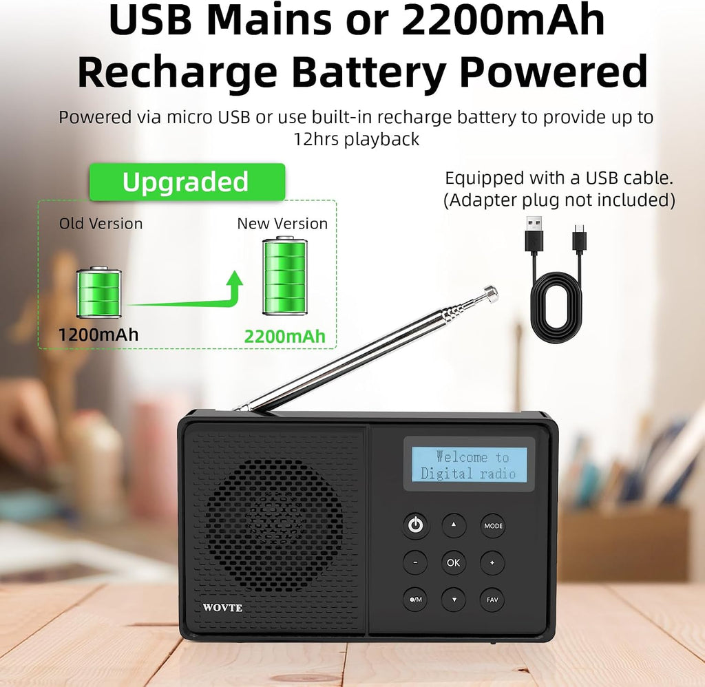 DAB Radio Portable, WOVTE DAB+ Digital Radio Rechargeable FM Radio
