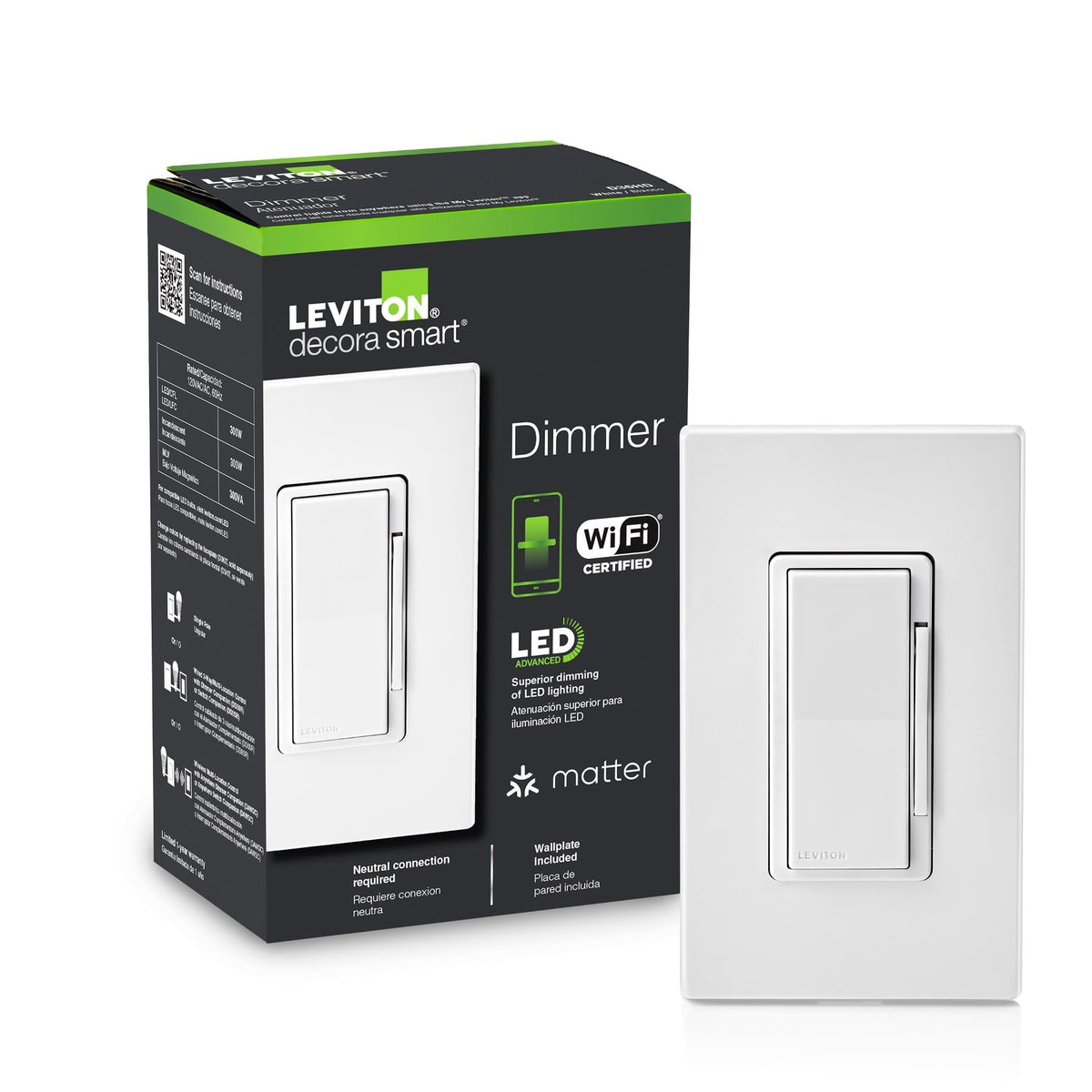 Leviton Decora Smart Switch, Wi-Fi, D315S-1RW, White