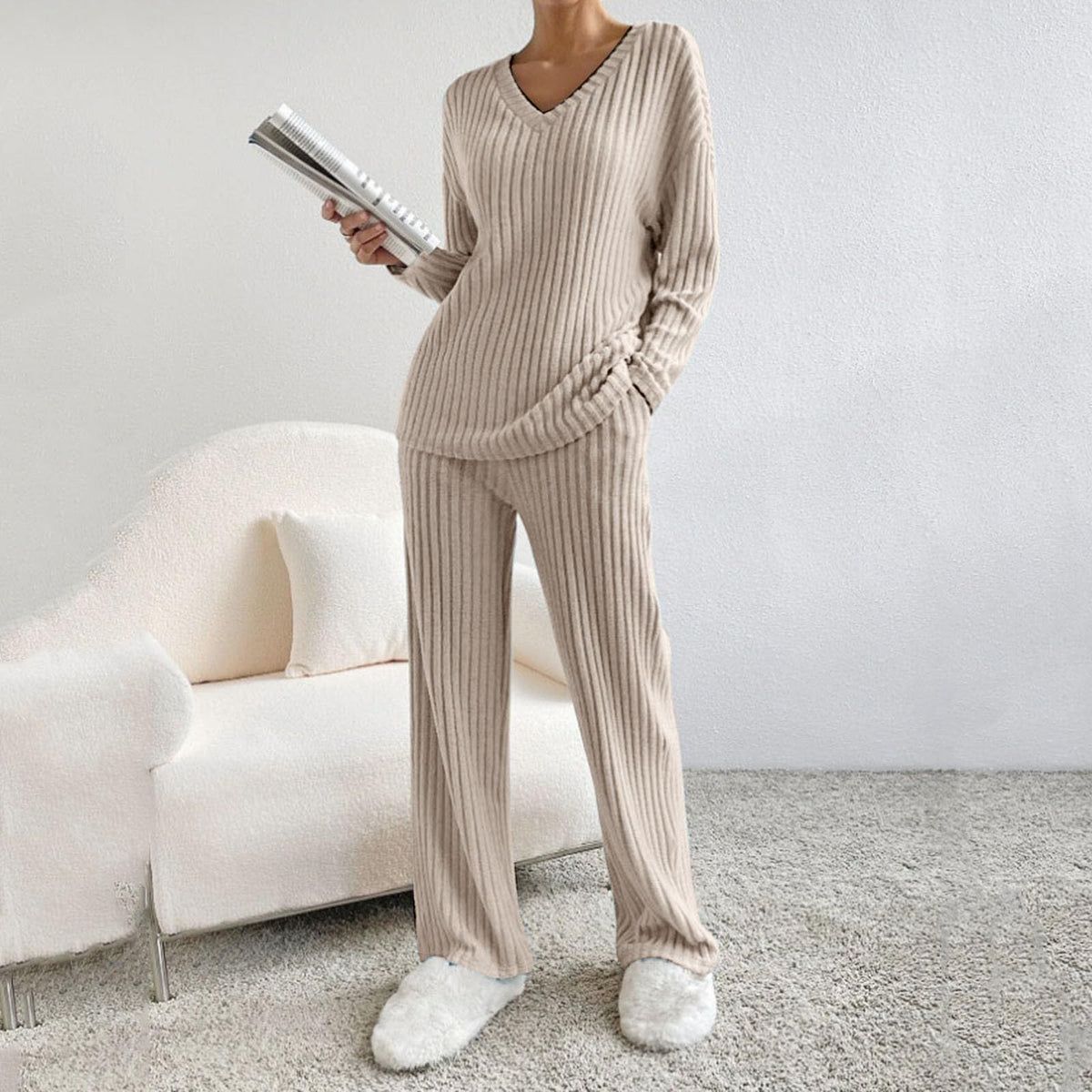 Lounge Wear Sets For Women Uk, Womens Pyjamas Set Long, Ladies Ribbed Loungewear Knit Outfits Womens Tracksuits 2 Piece Set V Neck Casual Casual Homewear