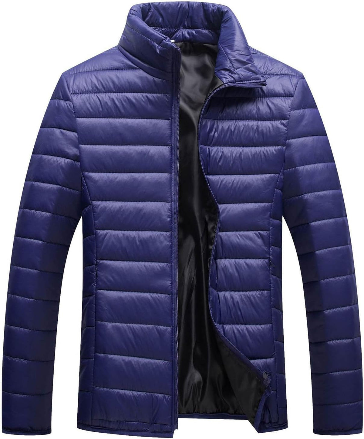 Men Winter Warm Down Jacket Long Sleeve Quilted Coats Casual Puffer Jackets Mens Outdoor Ski Hiking Windproof Stand Collar Full Zip Outwear Solid Color Thermal Coat