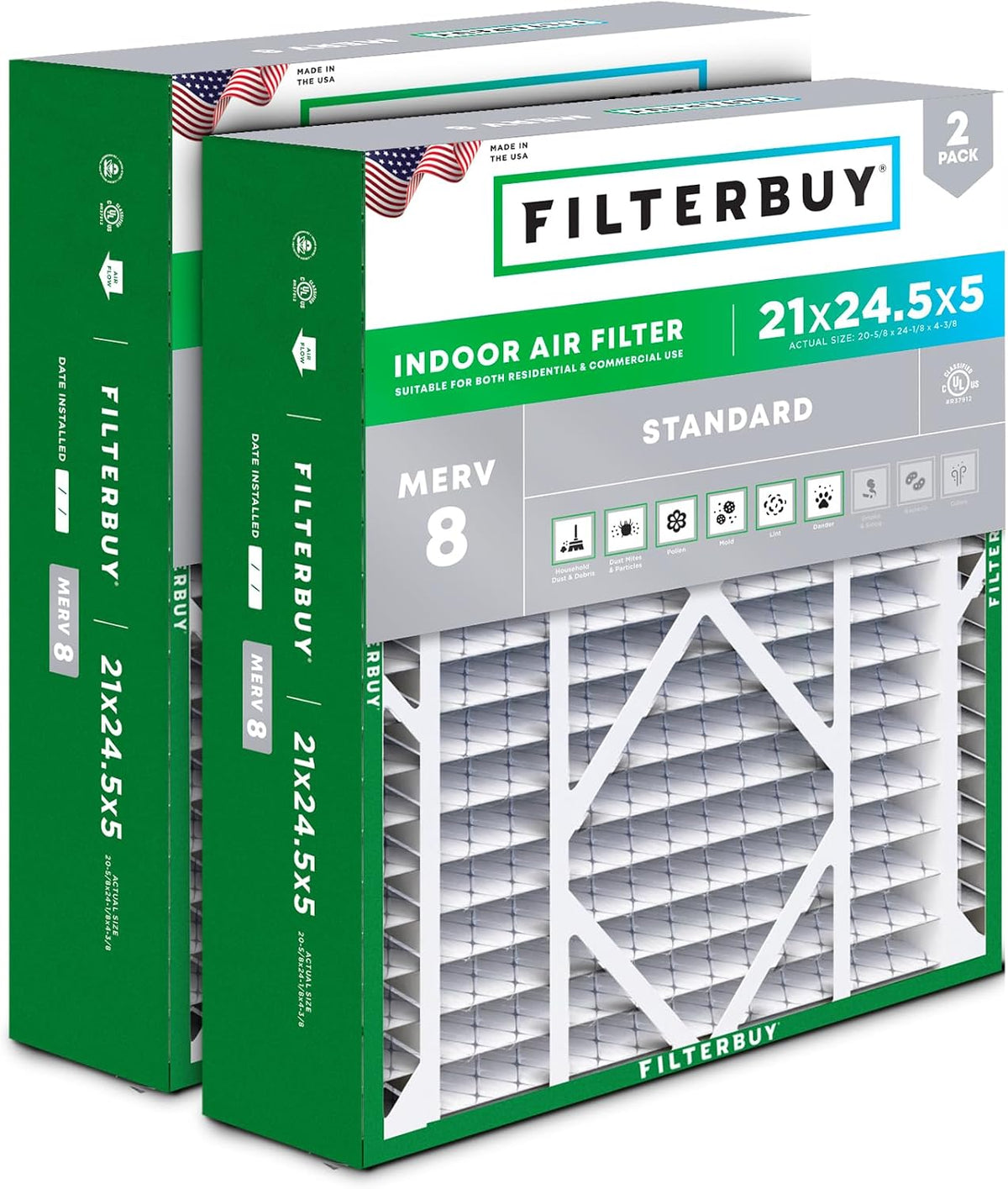 Filterbuy 22x24x5 Air Filter MERV 8 Dust & Allergy Defense (2-Pack)