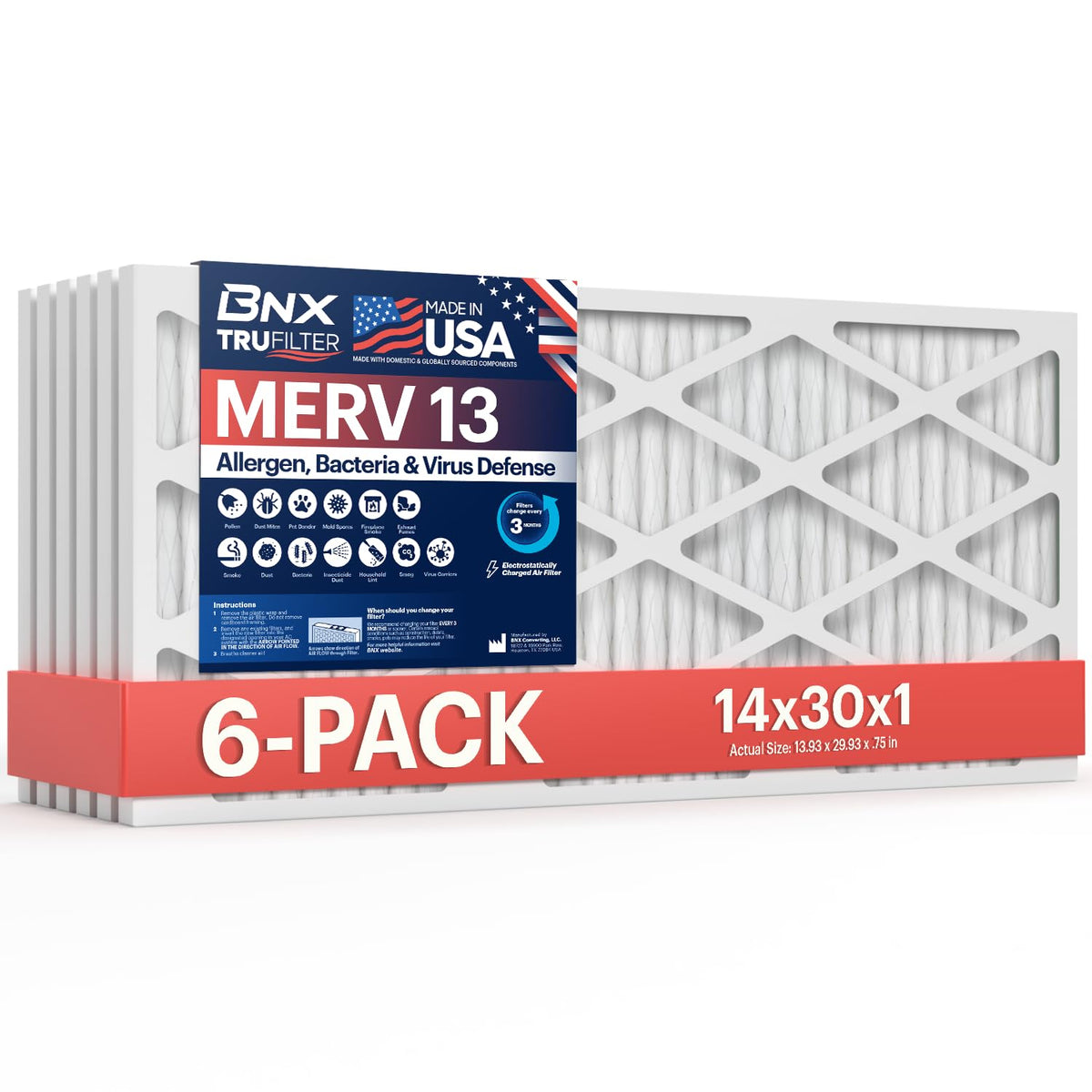 BNX TruFilter 20x20x1 Air Filter MERV 13 Smoke, Allergy, Pet Defense 6-Pack