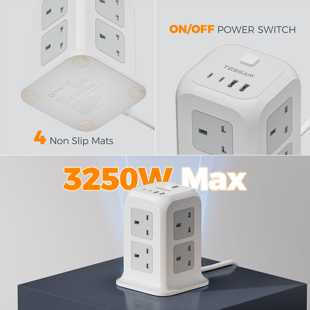 TESSAN 8 Way Tower Extension Lead 2M with 4 USB Slots (2 USB C)