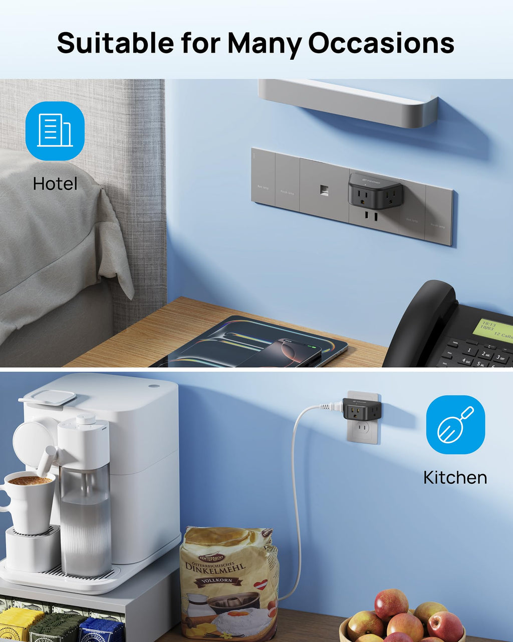 TROND Multi Plug Outlet Extender with USB, 2 Pack Plug Splitter