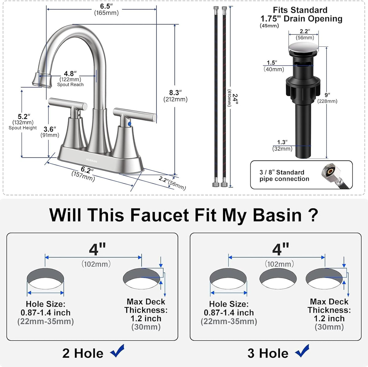 Matte Black Bathroom Faucet, Hurran 4 inch Centerset 2-Handle Lead-Free