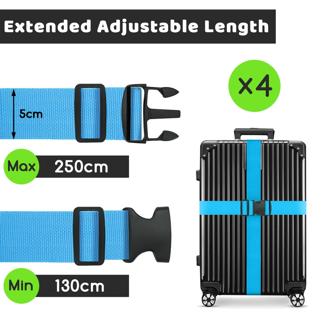 WISYOK Luggage Straps Extended, 4 Pack, 130-250cm Adjustable, Pink SkyBlue