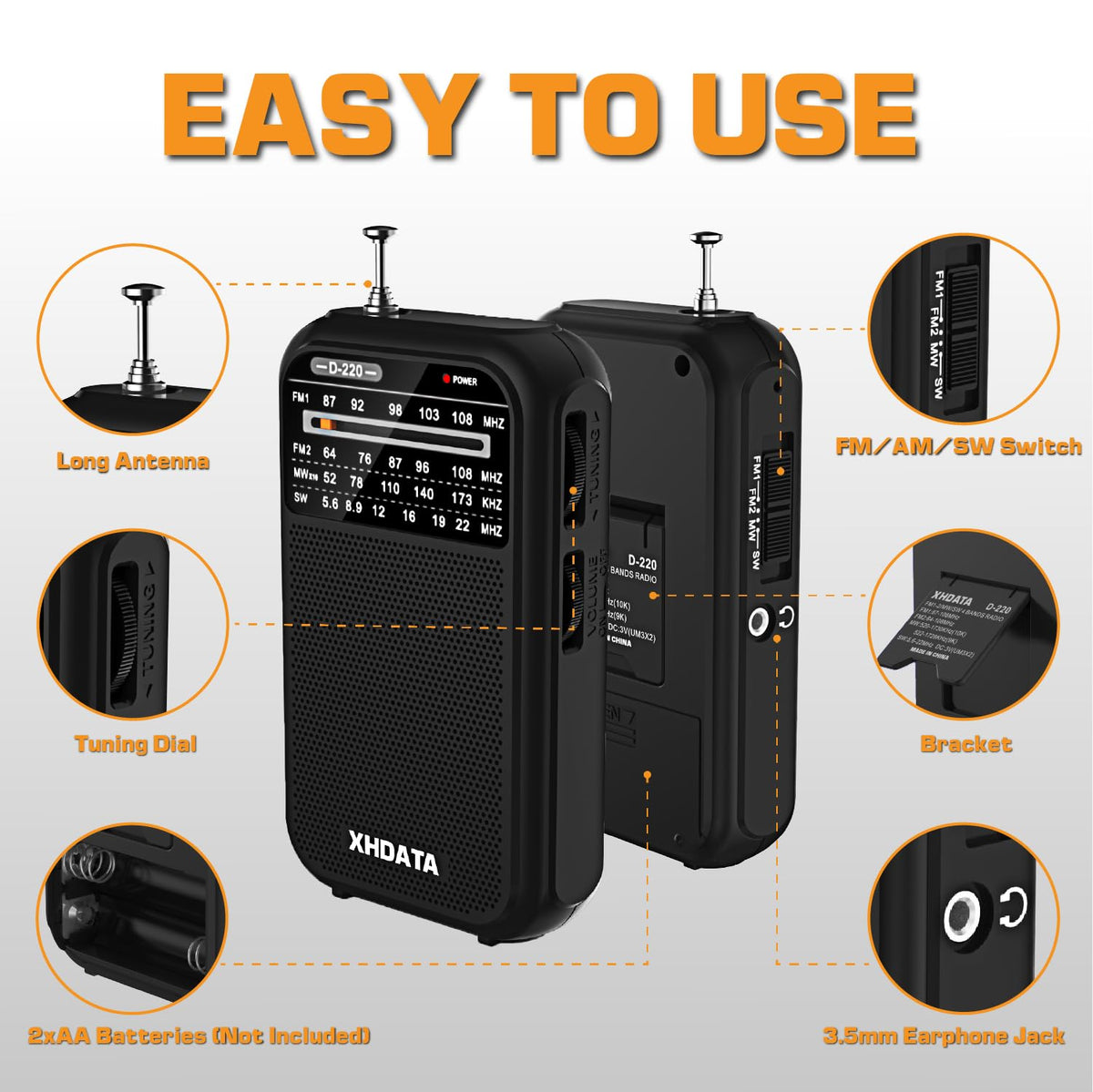 XHDATA D219 Portable Radio Retro FM AM SW Radio Battery Operated for Household Outdoor Camping Hiking Pocket Radio Beige