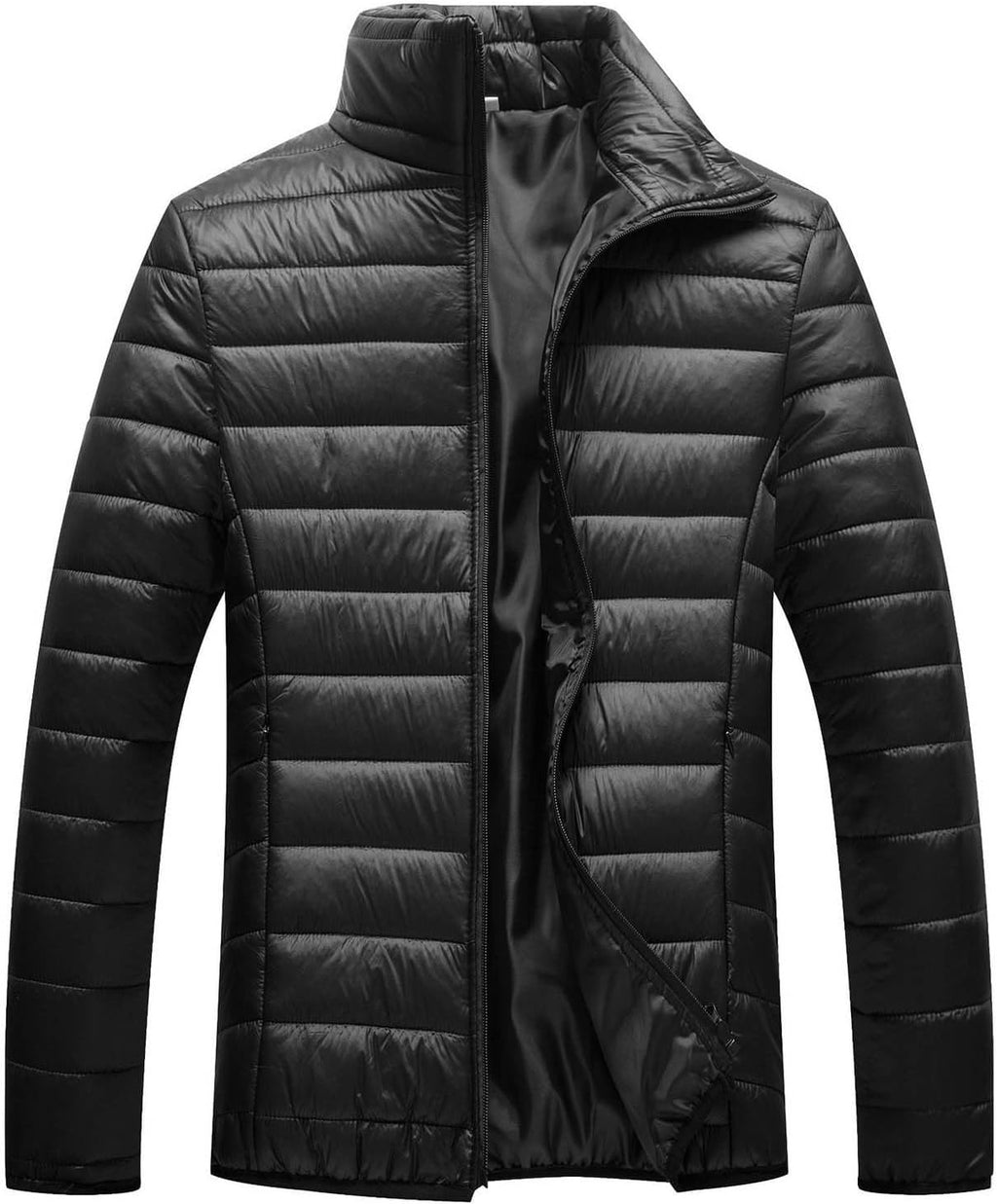 Men Winter Warm Down Jacket Long Sleeve Quilted Coats Casual Puffer Jackets Mens Outdoor Ski Hiking Windproof Stand Collar Full Zip Outwear Solid Color Thermal Coat