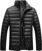 Men Winter Warm Down Jacket Long Sleeve Quilted Coats Casual Puffer Jackets Mens Outdoor Ski Hiking Windproof Stand Collar Full Zip Outwear Solid Color Thermal Coat