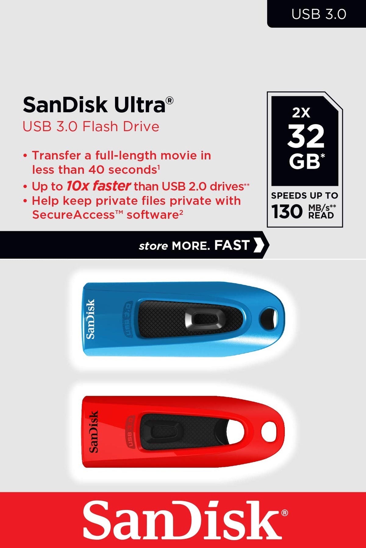 SanDisk Ultra 64GB USB Flash Drive USB 3.0 up to 130MB/s Read - Pack of 3