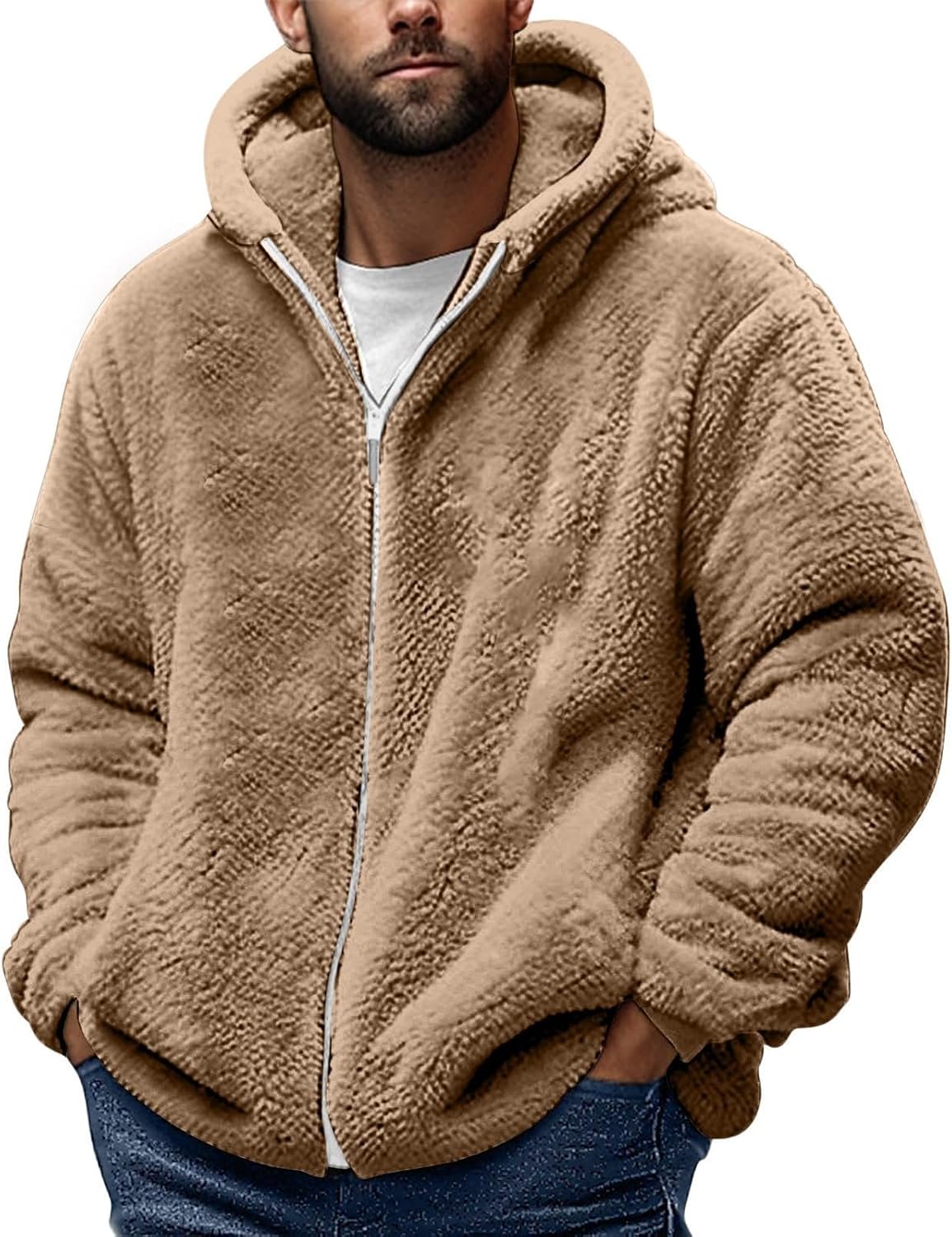 Teddy Fleece Jacket Mens, Full Zip Up Hoodies Long Sleeve Sherpa Fleece Winter Coats Fluffy Warm Jackets Thick Plush Oversized Hoodie Thermal Hooded Jumper Coat Cozy Cardigan Plus Size