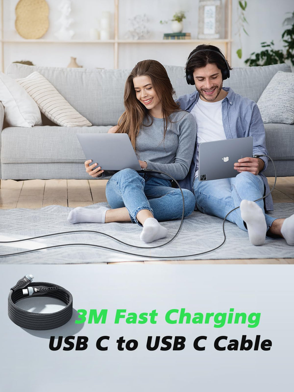 USB-C to C 1M 100W PD3.0 Fast Charging Cable - Compatible with MacBook Pro, iPad Air, iPhone 15, Samsung S23/S22/S21 Ultra, Pixel 7/6, Switch, PS5