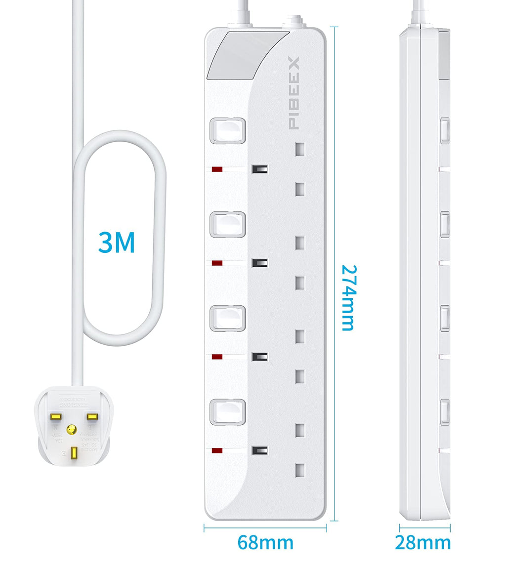 PIBEEX Extension Lead 2 Way Plug Sockets with Individual Switches Wall Mountable Power Strip 3M Extension Cable 13A Fused UK Plug 3250W