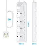 PIBEEX Extension Lead 2 Way Plug Sockets with Individual Switches Wall Mountable Power Strip 3M Extension Cable 13A Fused UK Plug 3250W