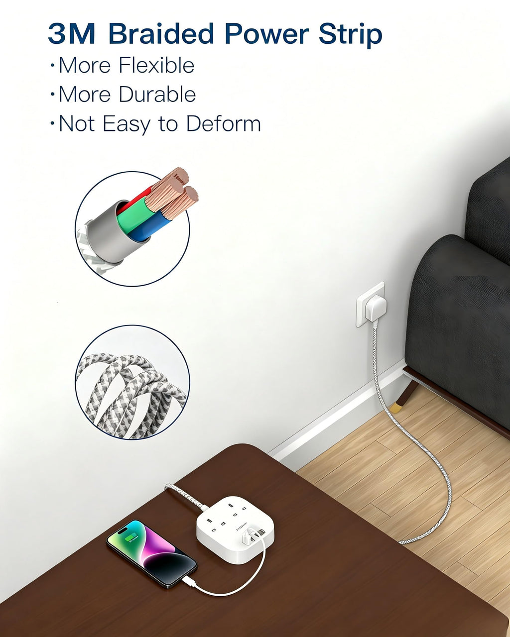 Addtam Extension Lead with USB Slots, Power Strips with 2 Way Outlets 4 USB