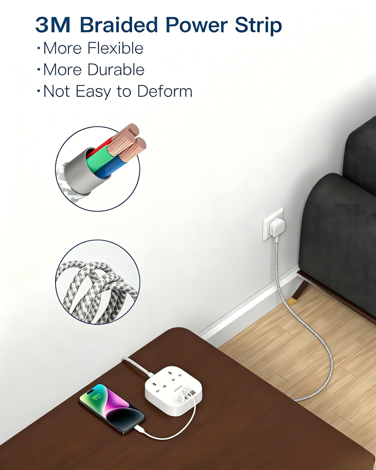 Addtam Extension Lead with USB Slots, Power Strips with 2 Way Outlets 4 USB