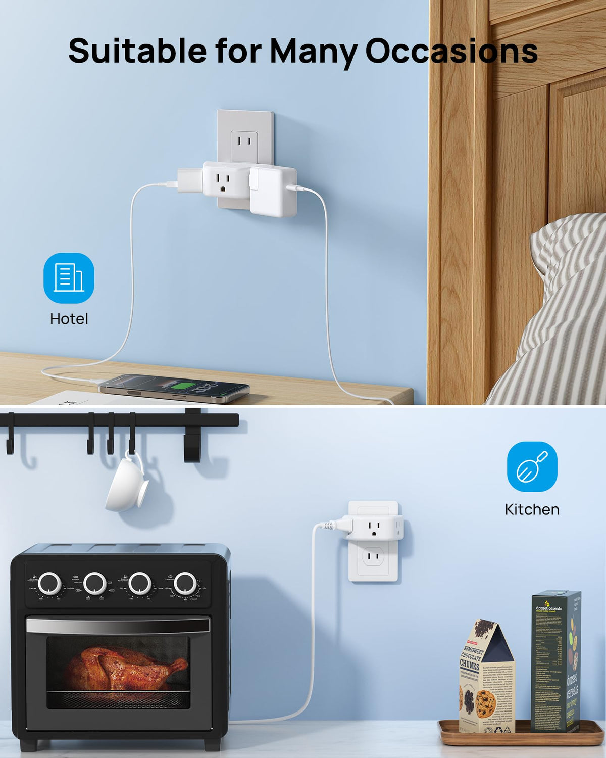 TROND Multi Plug Outlet Extender with USB, 2 Pack Plug Splitter