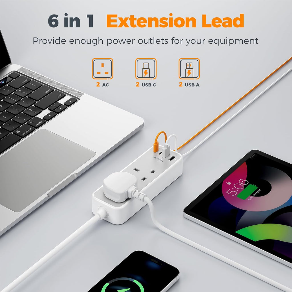 TESSAN 10M Long Extension Lead with PD 20W USB C Charger (4 USB Slots)