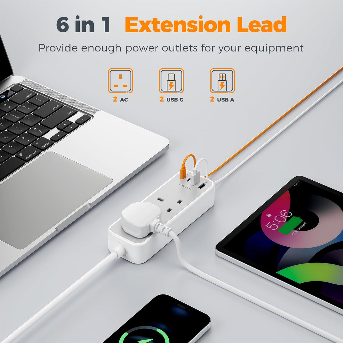 TESSAN 10M Long Extension Lead with PD 20W USB C Charger (4 USB Slots)