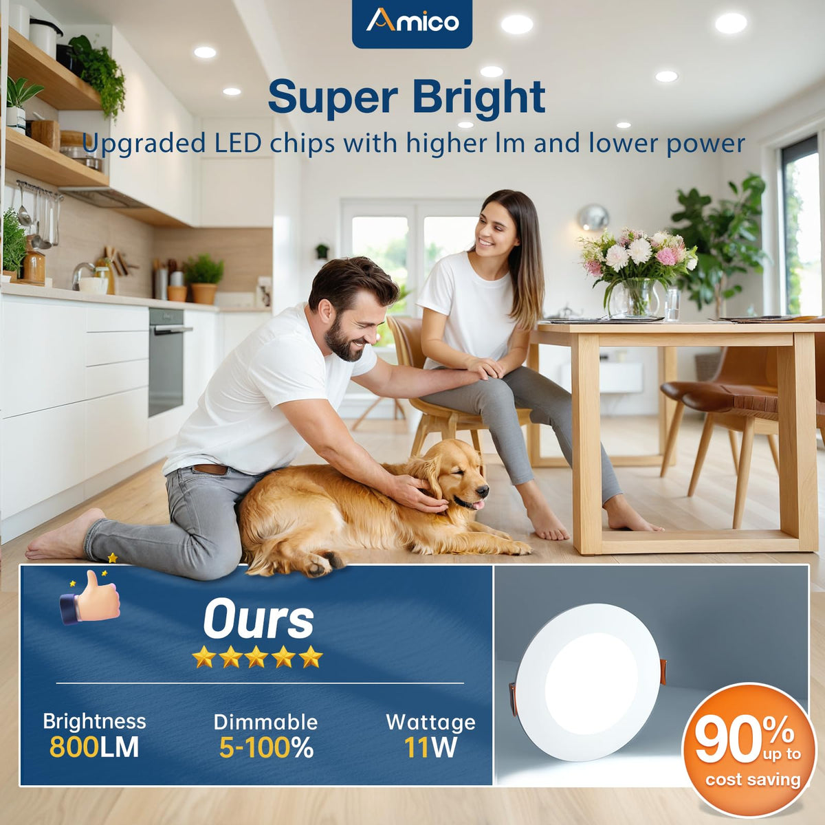 Amico 12 Pack 3 Inch LED Recessed Lighting, Canless Wafer Downlight, White