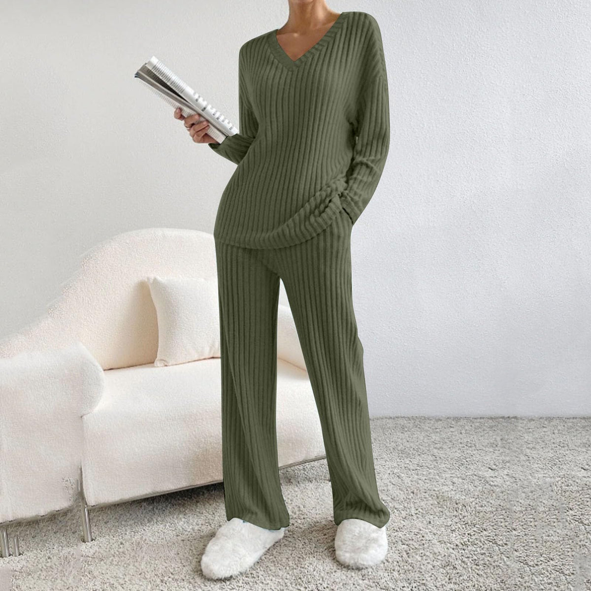 Lounge Wear Sets For Women Uk, Womens Pyjamas Set Long, Ladies Ribbed Loungewear Knit Outfits Womens Tracksuits 2 Piece Set V Neck Casual Casual Homewear
