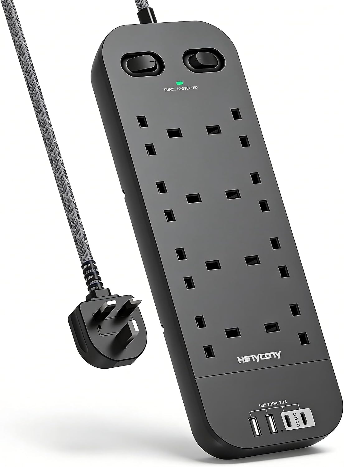 Black Extension Lead, 8 Way Outlets Power Strip with 4 USB Slots (2 USBC)