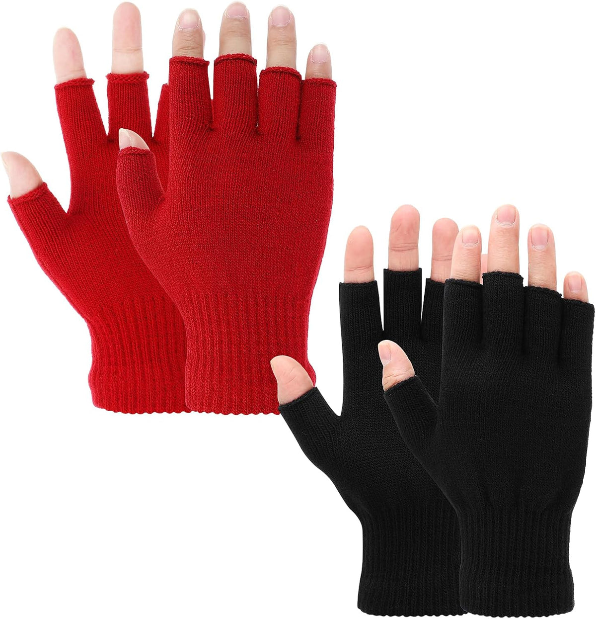 Grevosea 2 Pair Fingerless Warm Gloves - Winter Half Finger Gloves Thickened Knit Touchscreen Stretchy Mittens for Men Women