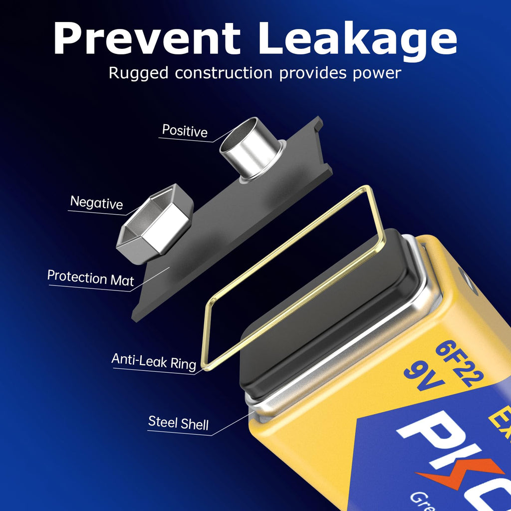 PKCELL Battery 6F22/PP3 (4 Pack) -9 Volt Square Batteries for Smoke Alarm