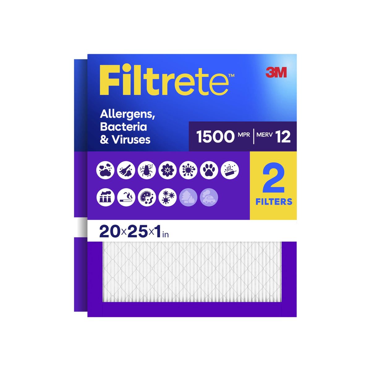 Filtrete 20x20x1 Air Filter, MERV 12, MPR 1500, 2 HVAC Filters