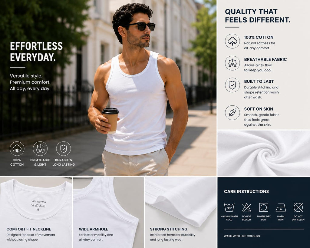 ITRAT Men's Cotton Vests Tank Tops Slim Fit Summer Top Breathable Sleeveless Shirt, Easy Fit Athletic Wear for Workout, Everyday Use and Training Activities (Pack 1, White, XL)