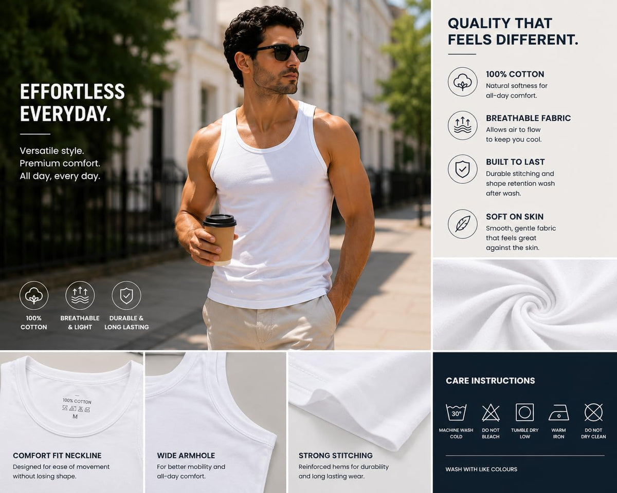 ITRAT Men's Cotton Vests Tank Tops Slim Fit Summer Top Breathable Sleeveless Shirt, Easy Fit Athletic Wear for Workout, Everyday Use and Training Activities (Pack 1, White, XL)